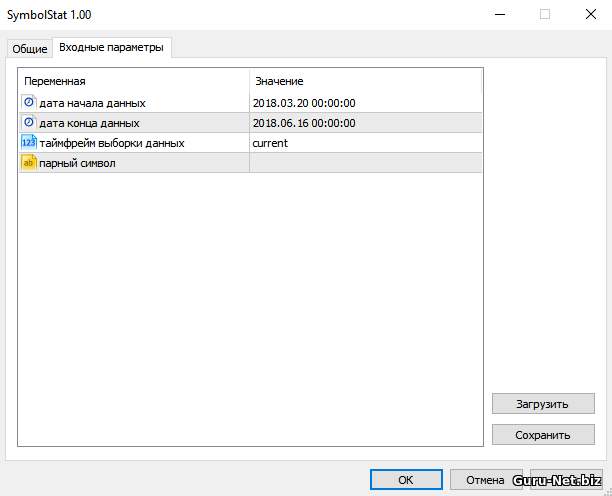 Входные параметры скрипта SymbolStat